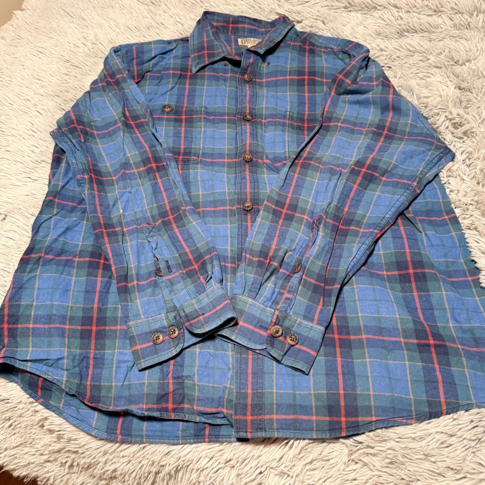 Duluth Trading Co Mens Xl Blue Green Plaid Cotton Flannel Button Down Shirt